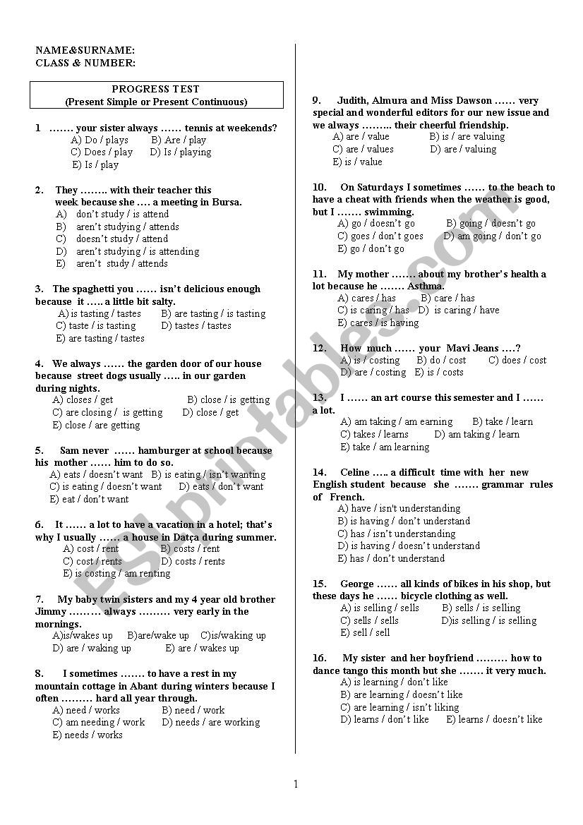 Present Simple vs. Present Continuous  [Multiple-choice Test]